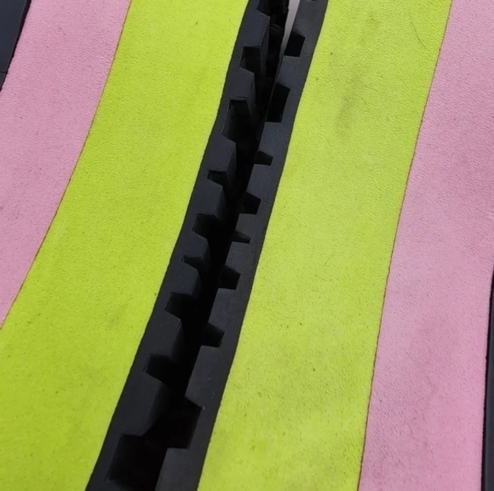 Y2K horoscope 90s HUGE neon chunky platform heel in pink green and black, velvet